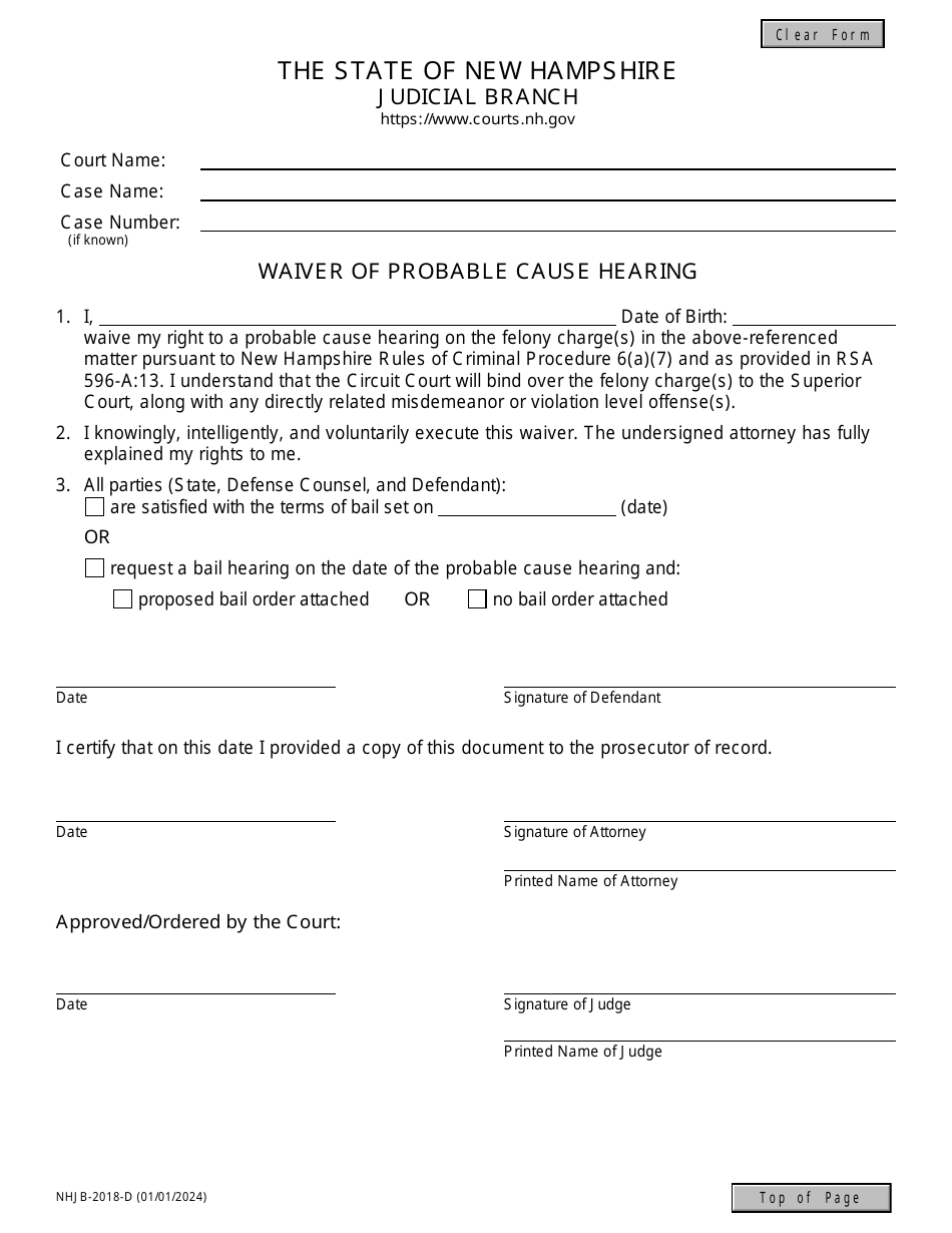 Form NHJB-2018-D Waiver of Probable Cause Hearing - New Hampshire, Page 1