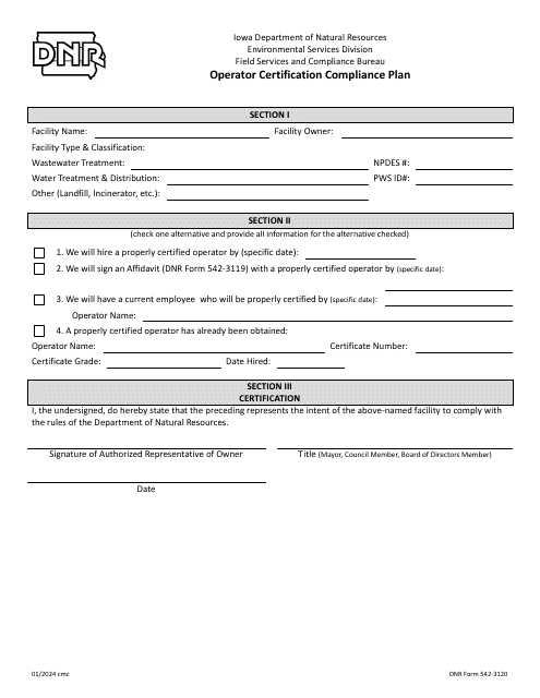 DNR Form 542-3120 Operator Certification Compliance Plan - Iowa
