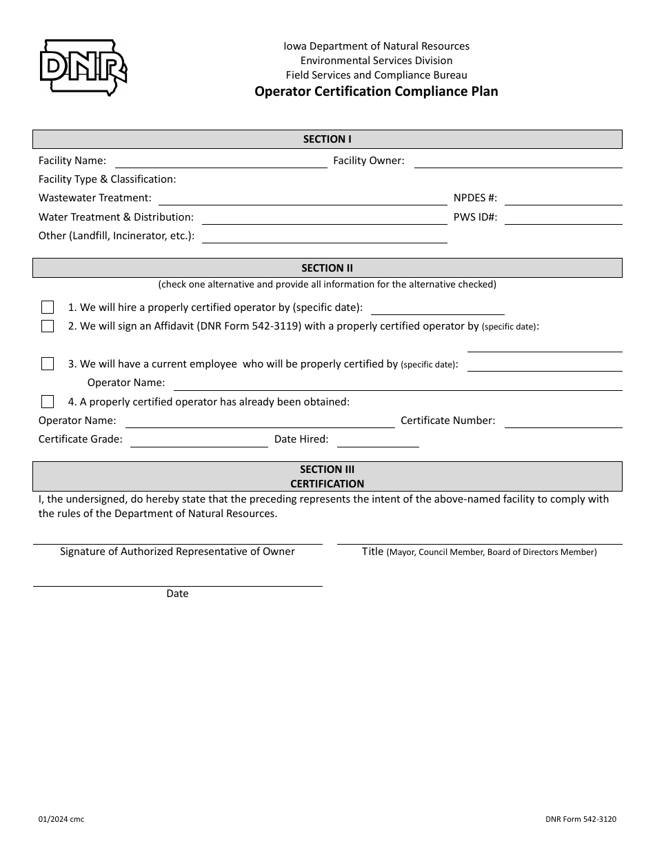 DNR Form 542-3120 Operator Certification Compliance Plan - Iowa, Page 1