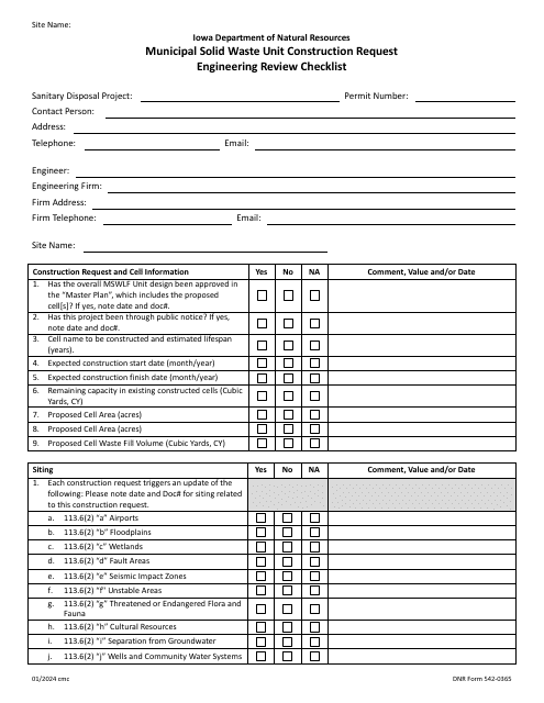 DNR Form 542-0365 Municipal Solid Waste Unit Construction Request Engineering Review Checklist - Iowa