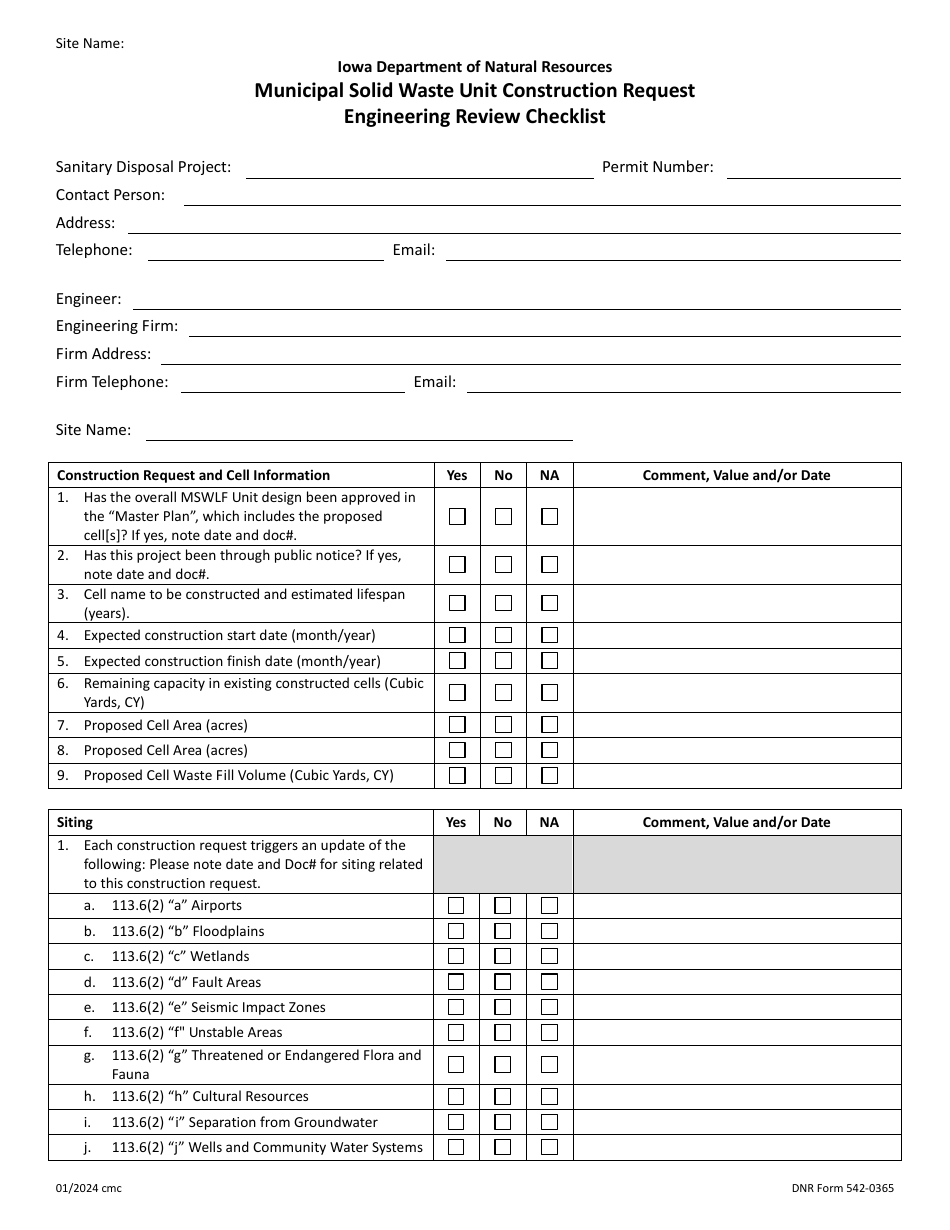 DNR Form 542-0365 Municipal Solid Waste Unit Construction Request Engineering Review Checklist - Iowa, Page 1