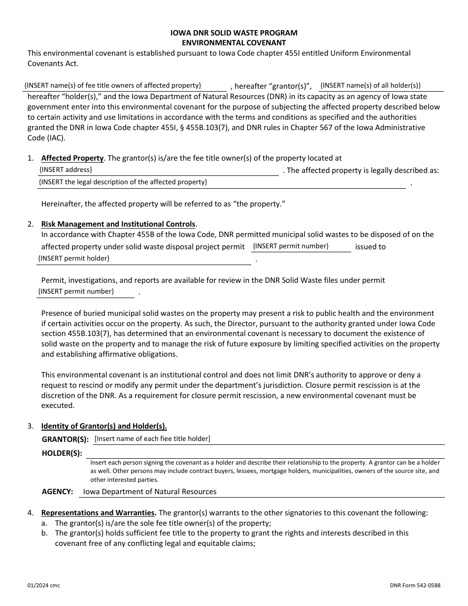 DNR Form 542-0588 Environmental Covenant - Iowa DNR Solid Waste Program - Iowa, Page 1