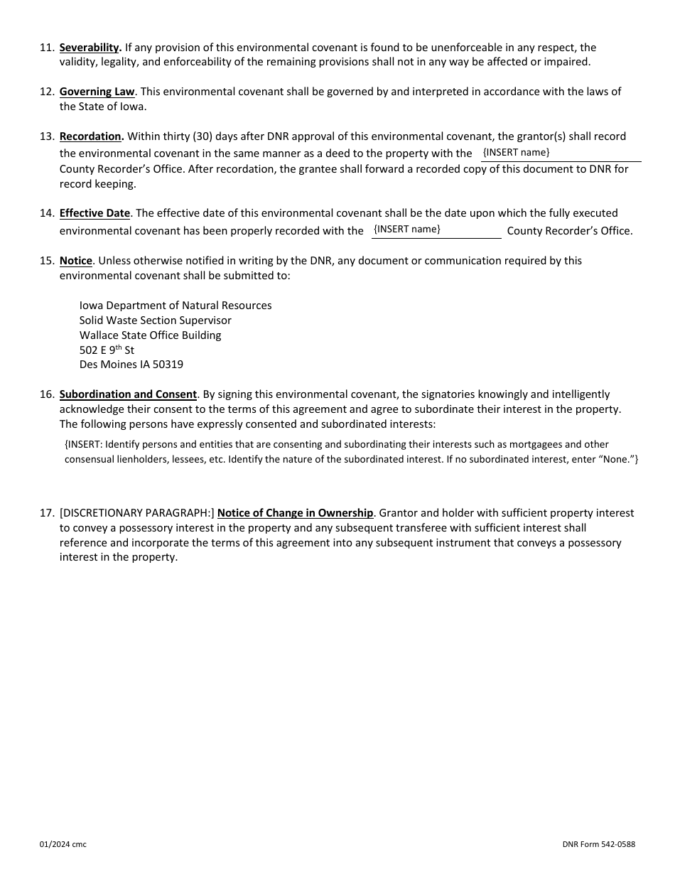 DNR Form 542-0588 Environmental Covenant - Iowa DNR Solid Waste Program - Iowa, Page 3