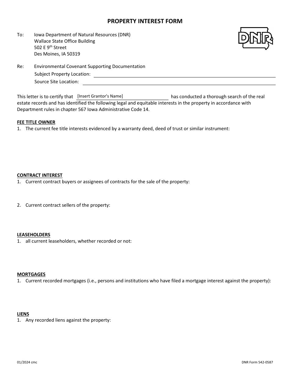 DNR Form 542-0587 Property Interest Form - Iowa, Page 1