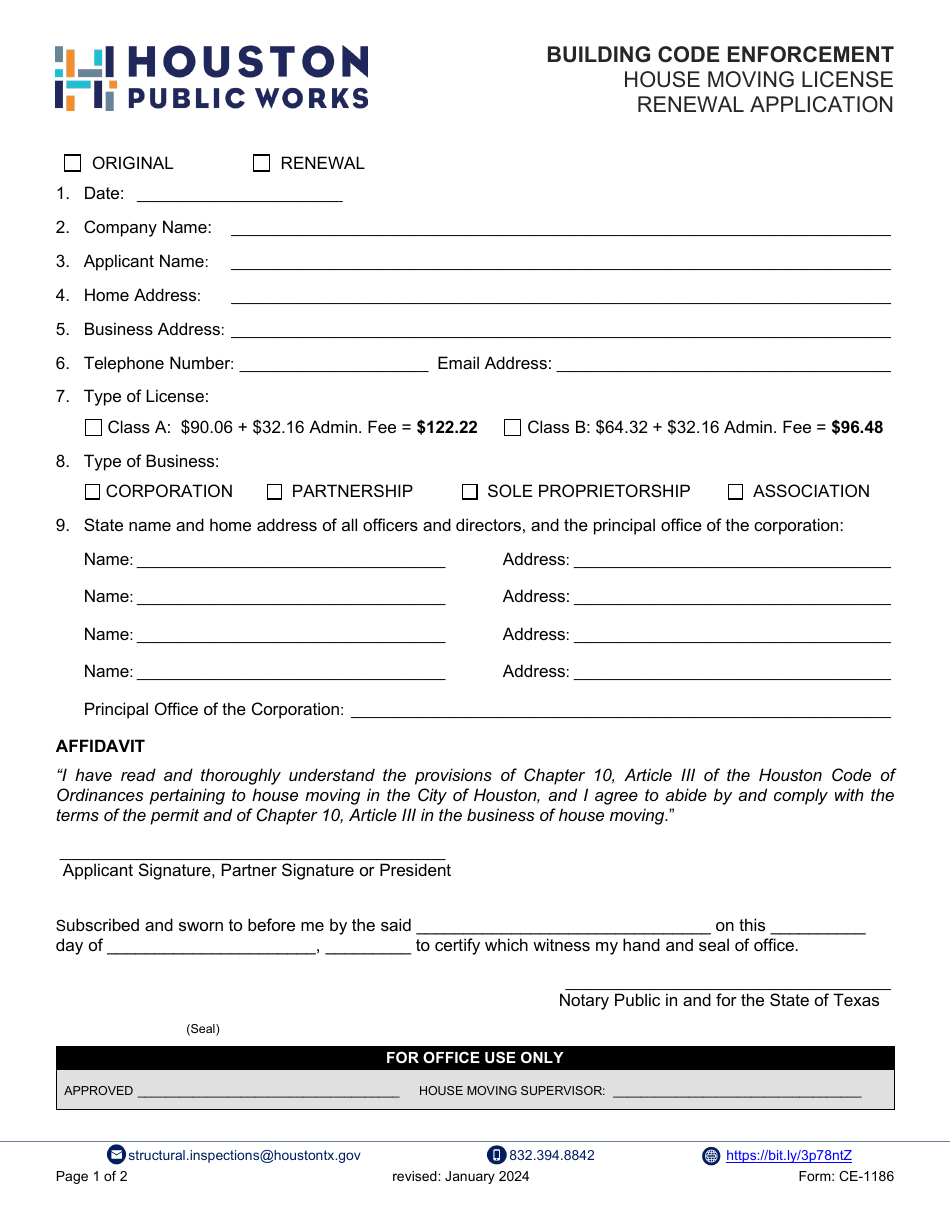 Form CE-1186 House Moving License Renewal Application - City of Houston, Texas, Page 1