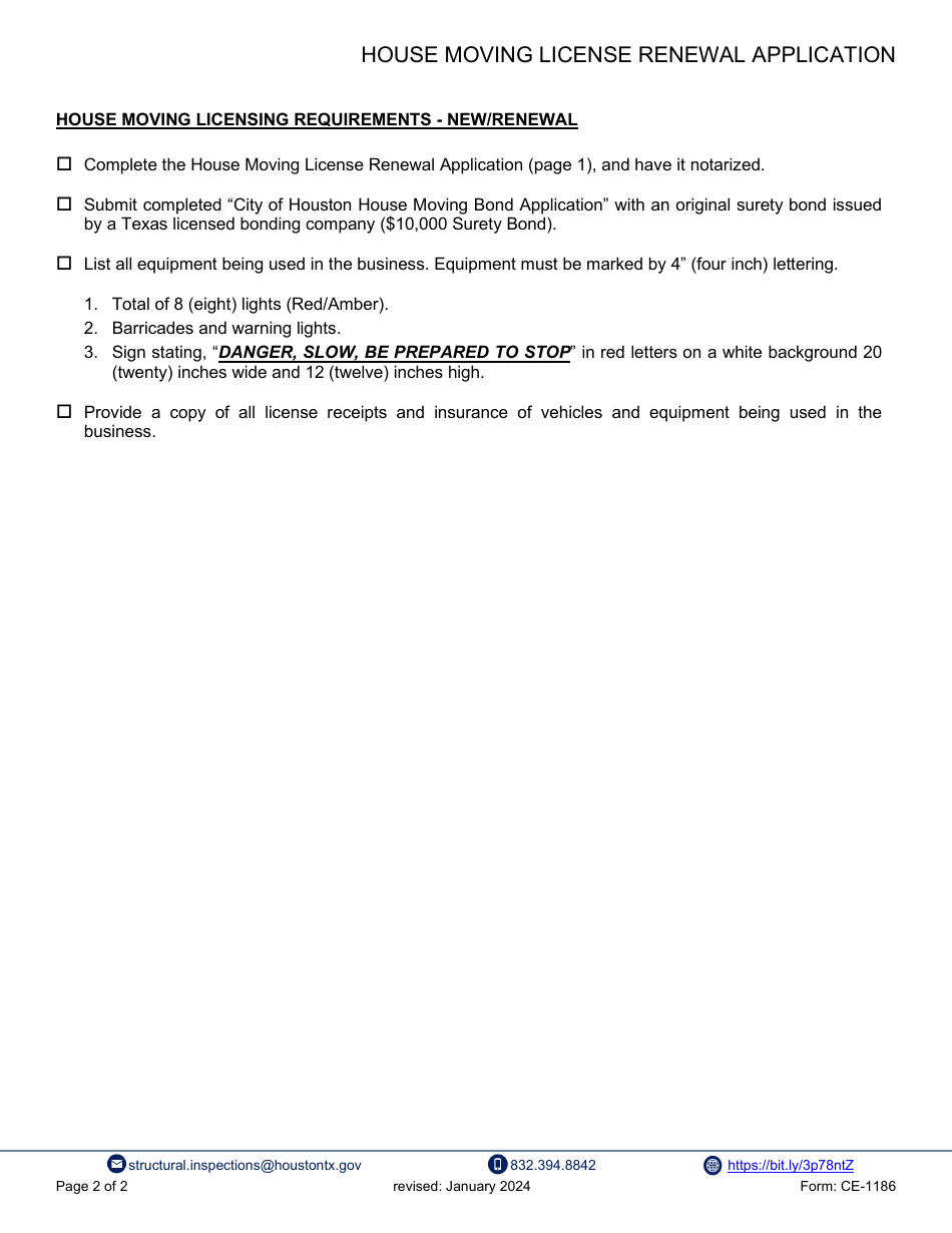 Form CE-1186 House Moving License Renewal Application - City of Houston, Texas, Page 2