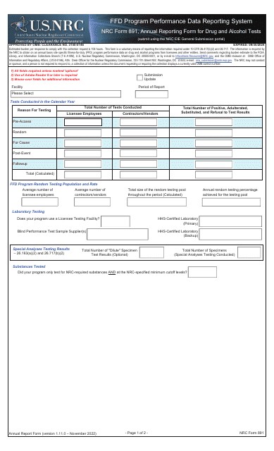 NRC Form 891 Annual Reporting Form for Drug and Alcohol Tests - Ffd Program Performance Data Reporting System