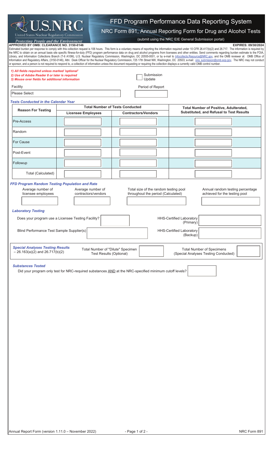 NRC Form 891 Annual Reporting Form for Drug and Alcohol Tests - Ffd Program Performance Data Reporting System, Page 1