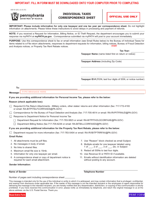 Form DEX-93 Individual Taxes Correspondence Sheet - Pennsylvania
