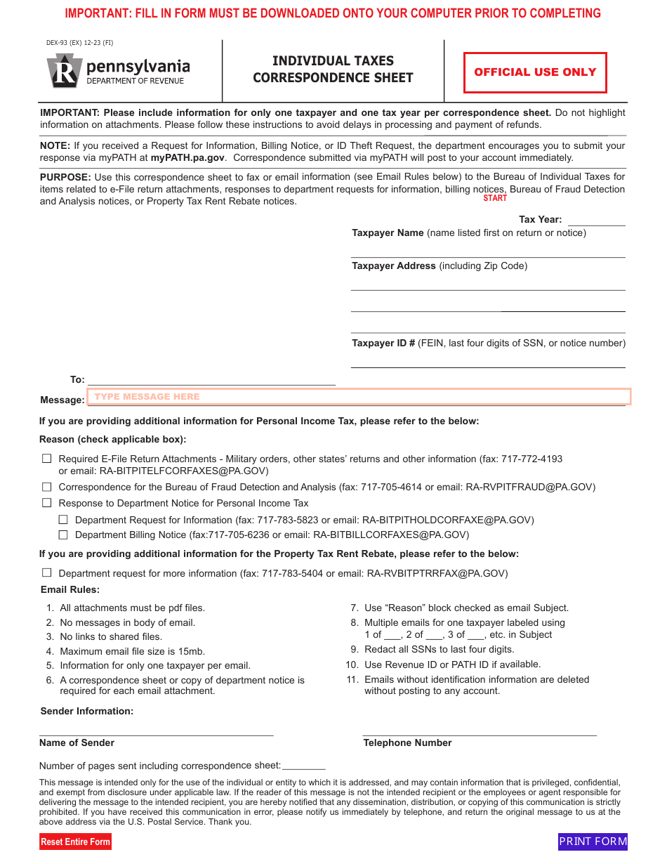 Form DEX-93 Individual Taxes Correspondence Sheet - Pennsylvania, Page 1