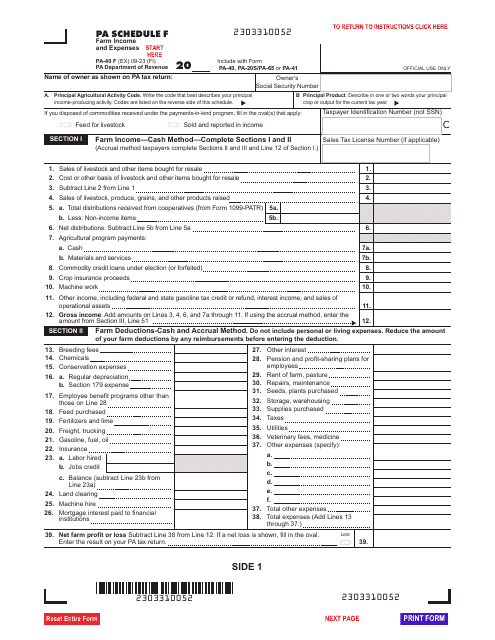 Form PA-40 Schedule F Farm Income and Expenses - Pennsylvania