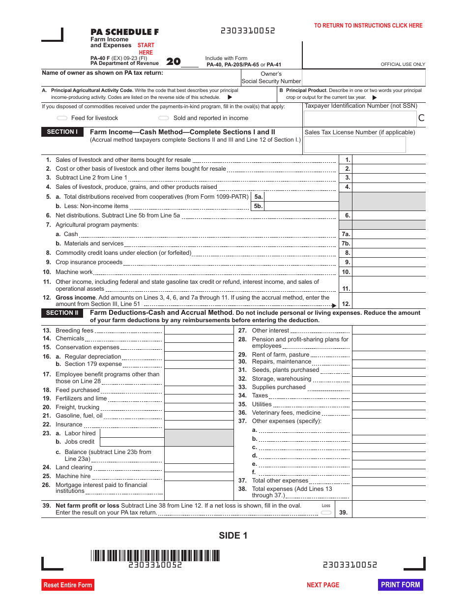 Form PA-40 Schedule F Farm Income and Expenses - Pennsylvania, Page 1