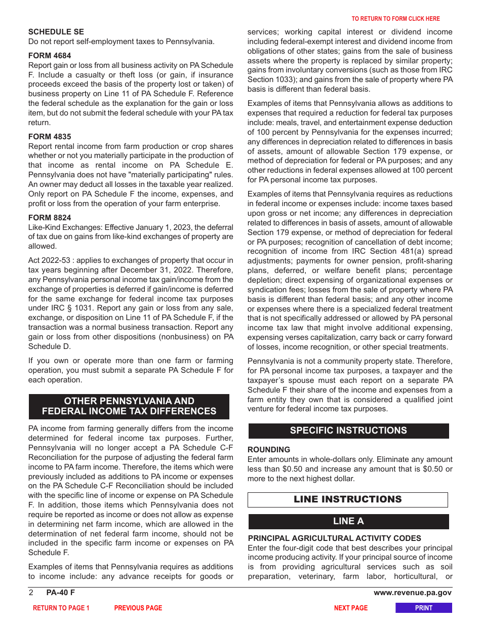 Form PA-40 Schedule F Farm Income and Expenses - Pennsylvania, Page 4