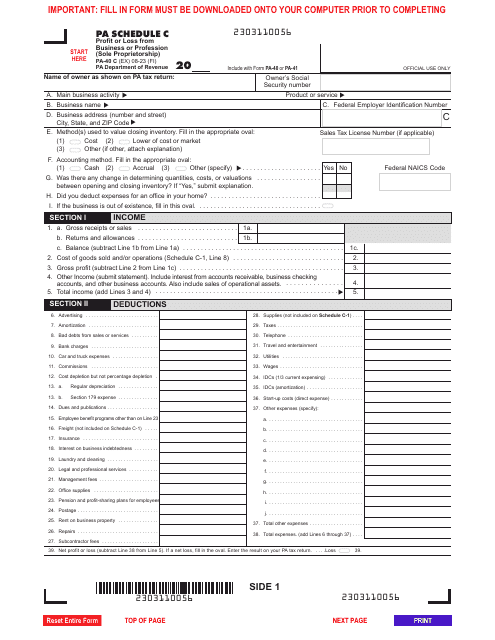 Form PA-40 Schedule C  Printable Pdf