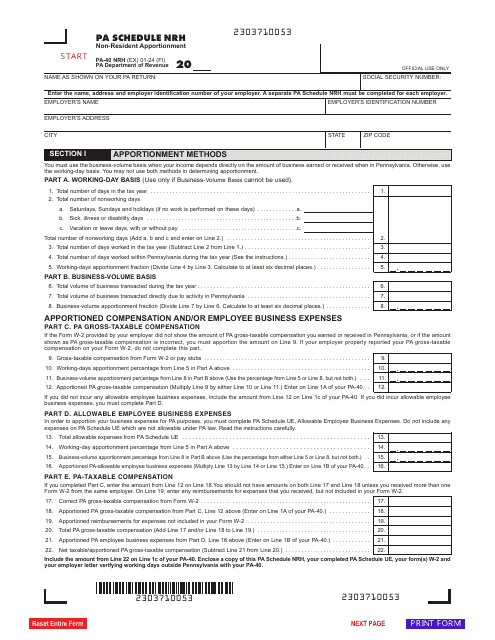 Form PA-40 Schedule NRH Non-resident Apportionment - Pennsylvania