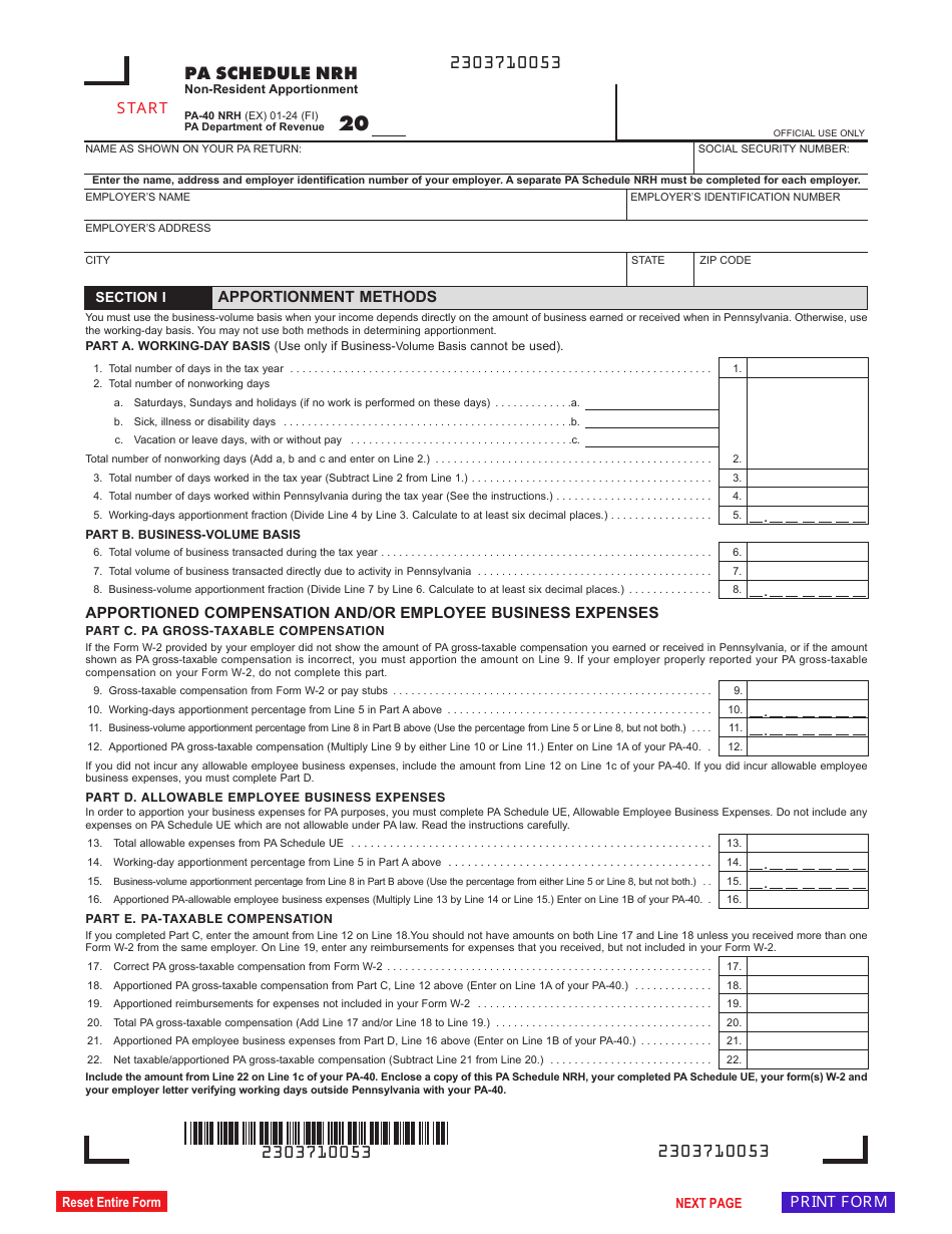 Form PA-40 Schedule NRH Non-resident Apportionment - Pennsylvania, Page 1