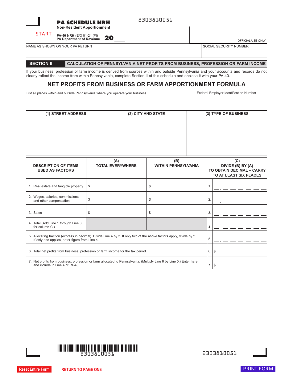 Form PA40 Schedule NRH Download Fillable PDF or Fill Online Non