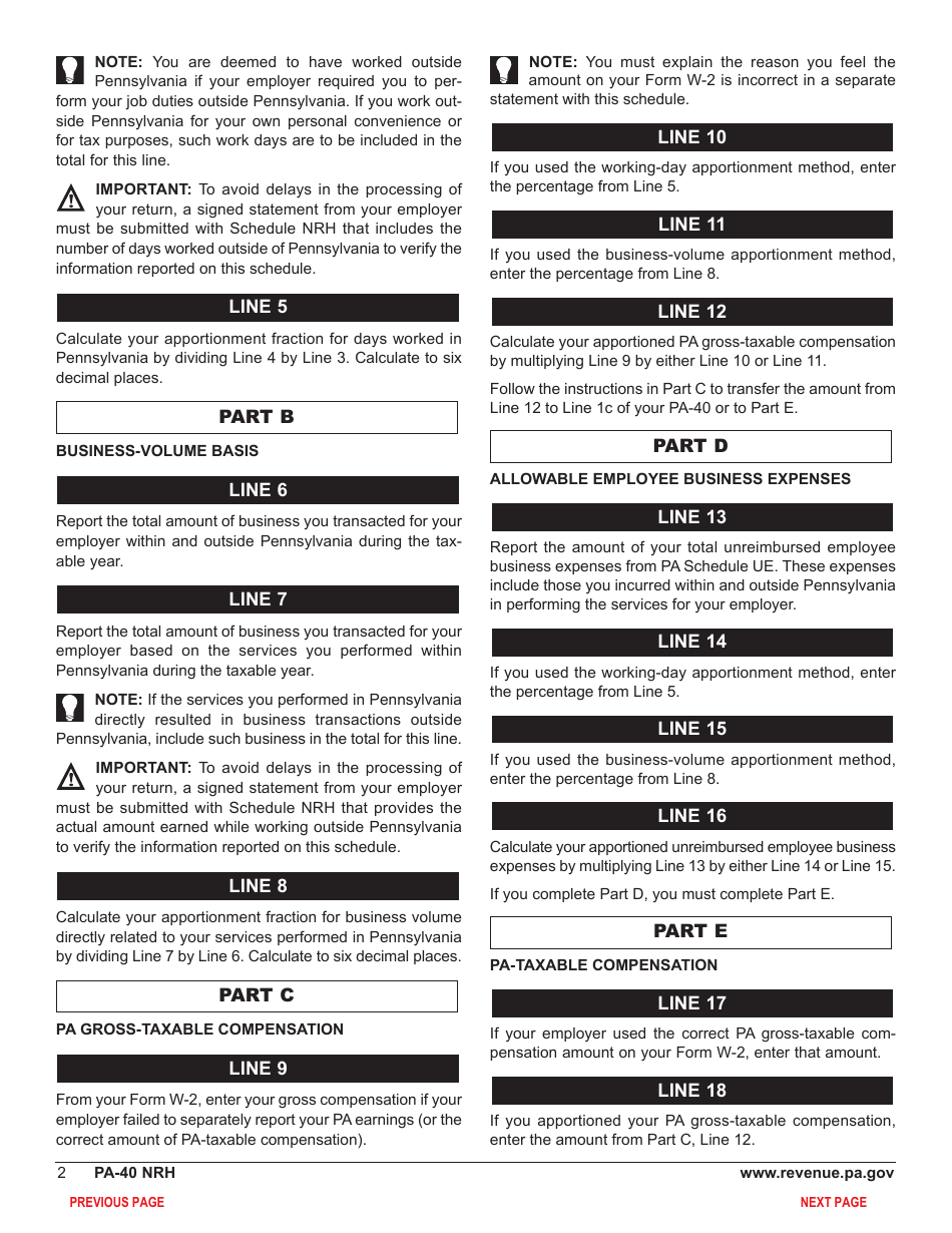 Form PA-40 Schedule NRH Non-resident Apportionment - Pennsylvania, Page 4