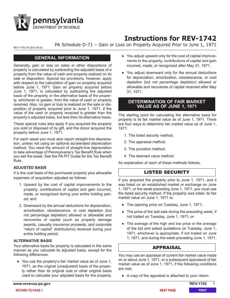 Form REV-1742 Schedule D-71 Sale or Exchange of Property Acquired Prior to June 1, 1971 - Pennsylvania, Page 3