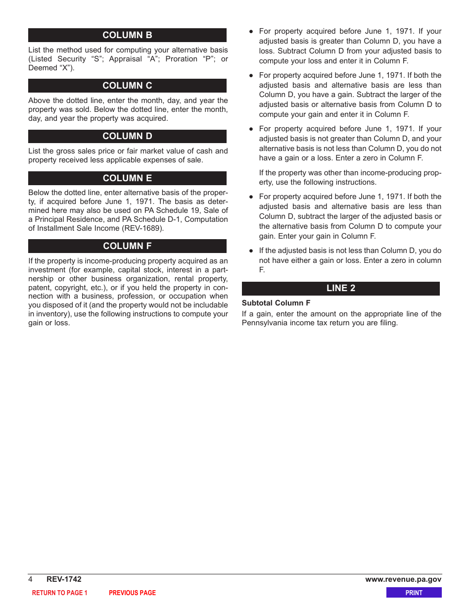 Form REV-1742 Schedule D-71 Sale or Exchange of Property Acquired Prior to June 1, 1971 - Pennsylvania, Page 6
