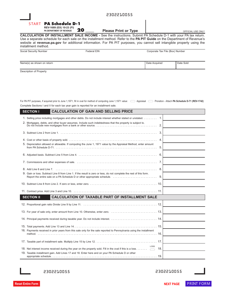Form REV-1689 Schedule D-1 Calculation of Installment Sale Income - Pennsylvania, Page 1