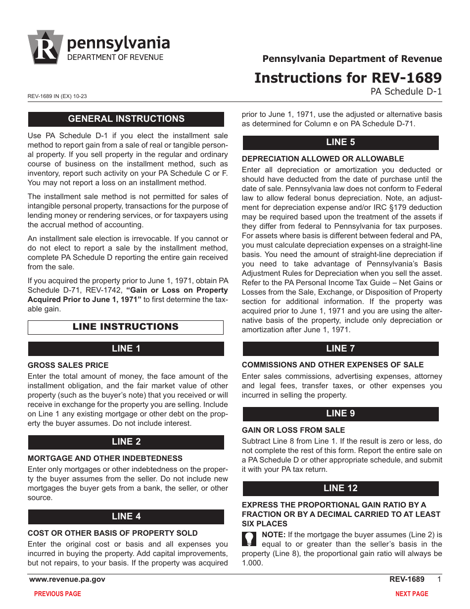 Form REV-1689 Schedule D-1 Calculation of Installment Sale Income - Pennsylvania, Page 3