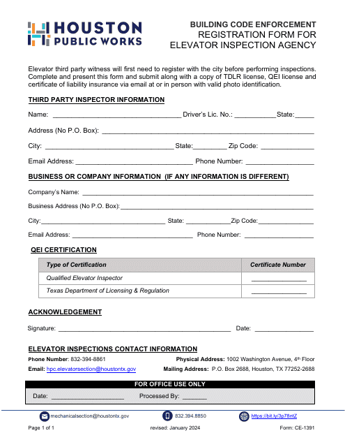 Form CE-1391 Registration Form for Elevator Inspection Agency - City of Houston, Texas