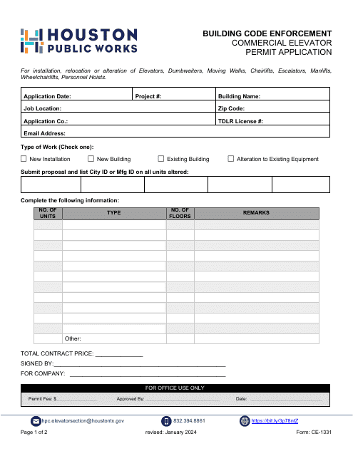 Form CE-1331 Commercial Elevator Permit Application - City of Houston, Texas