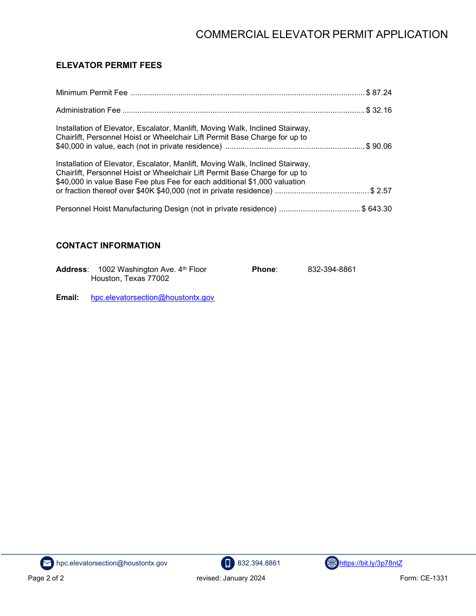 Form CE-1331 Commercial Elevator Permit Application - City of Houston, Texas, Page 2