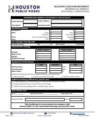 Document preview: Form CE-1396A Residential Energy Efficiency Certificate - City of Houston, Texas