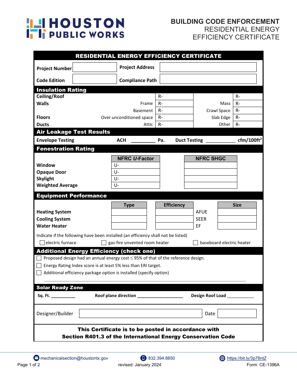 Form CE-1396A Residential Energy Efficiency Certificate - City of Houston, Texas, Page 1