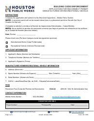 Document preview: Form CE-1188 Application for Reconnect Permit - Manufactured or Recreational Vehicle - City of Houston, Texas