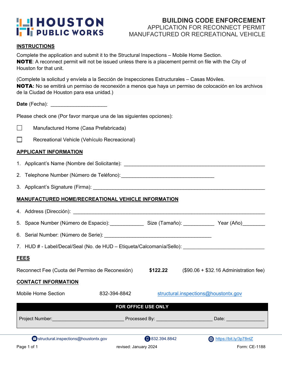 Form CE-1188 Application for Reconnect Permit - Manufactured or Recreational Vehicle - City of Houston, Texas, Page 1