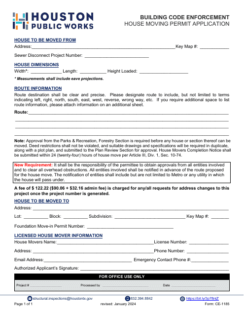 Form CE-1185 House Moving Permit Application - City of Houston, Texas