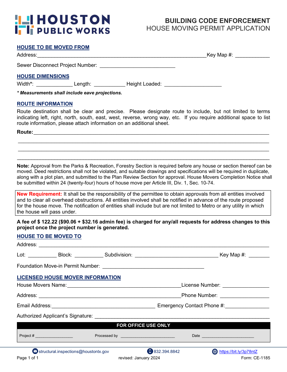 Form CE-1185 House Moving Permit Application - City of Houston, Texas, Page 1