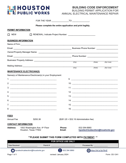 Form CE-1241 Building Permit Application for Annual Electrical Maintenance Repair - City of Houston, Texas