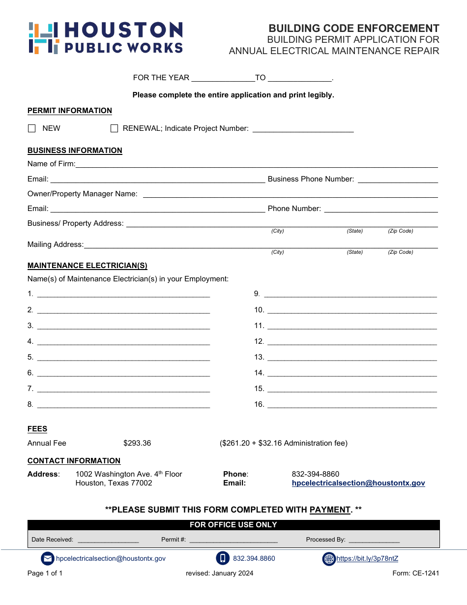 Form CE-1241 Building Permit Application for Annual Electrical Maintenance Repair - City of Houston, Texas, Page 1