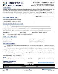 Form CE-1230 Application for Placement Permit of Manufactured Home - City of Houston, Texas