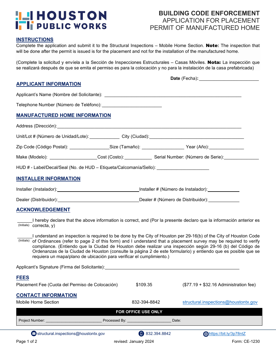 Form CE-1230 Application for Placement Permit of Manufactured Home - City of Houston, Texas, Page 1