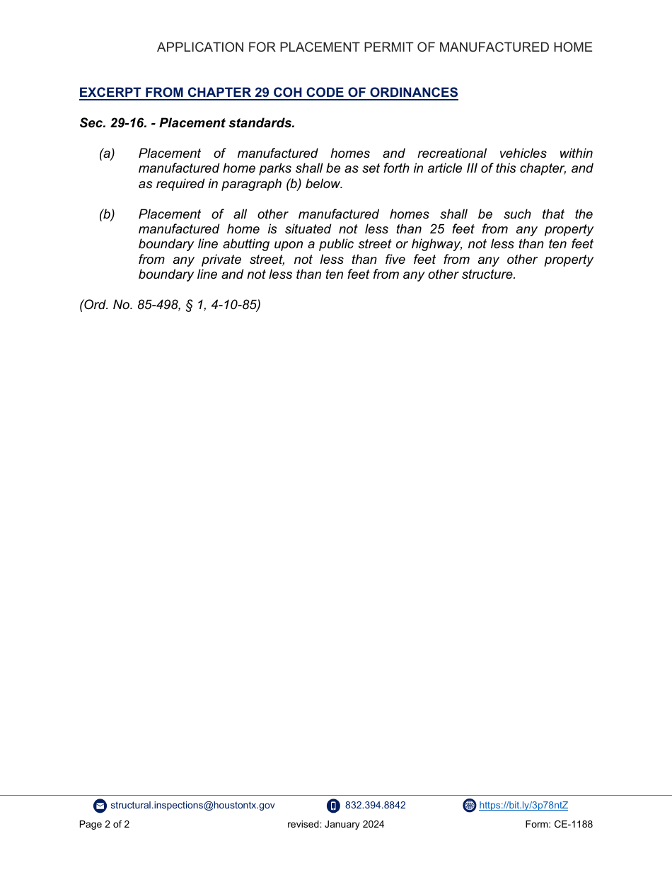 Form CE-1230 Application for Placement Permit of Manufactured Home - City of Houston, Texas, Page 2