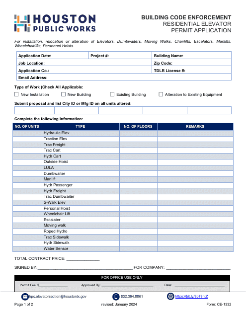 Form CE-1332 Residential Elevator Permit Application - City of Houston, Texas