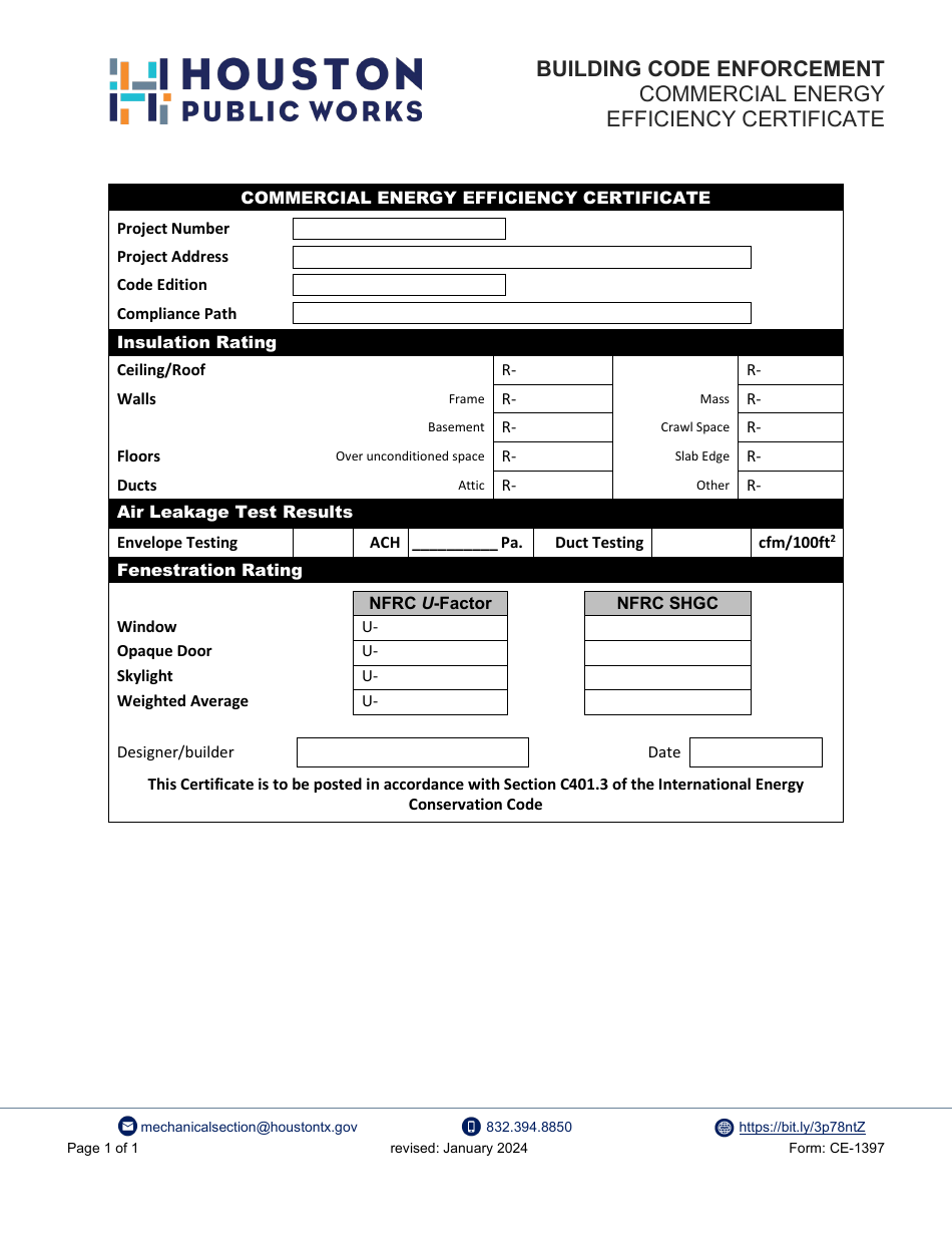 Form CE-1397 Commercial Energy Efficiency Certificate - City of Houston, Texas, Page 1