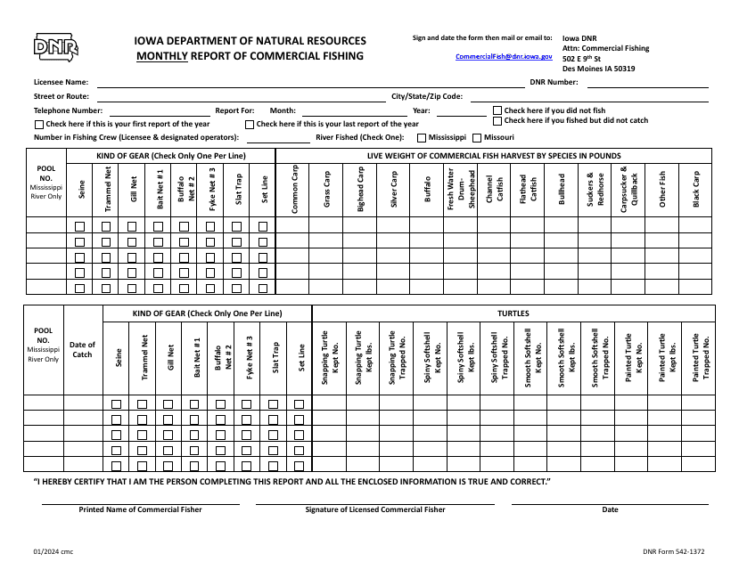 DNR Form 542-1372 Monthly Report of Commercial Fishing - Iowa