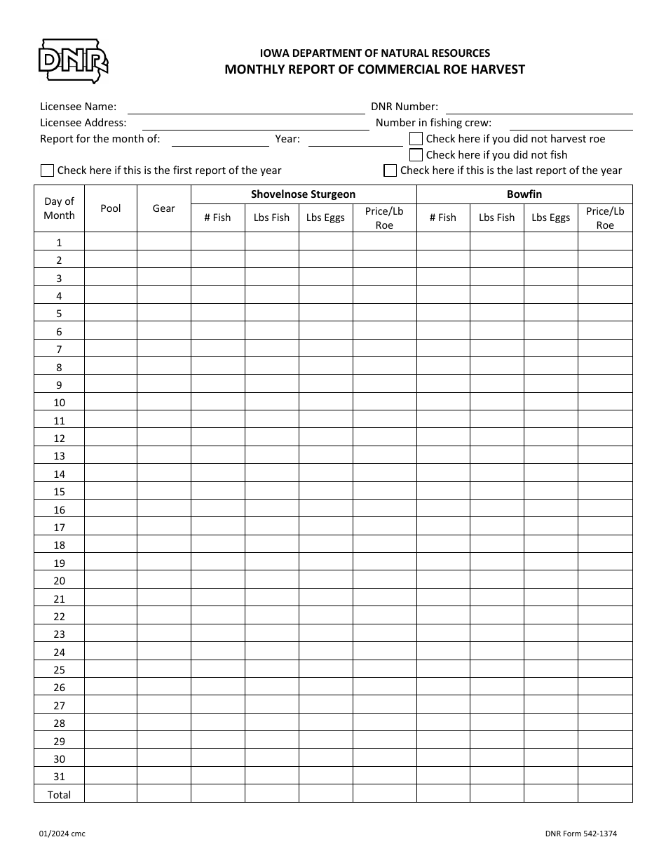 DNR Form 542-1374 Monthly Report of Commercial Roe Harvest - Iowa, Page 1