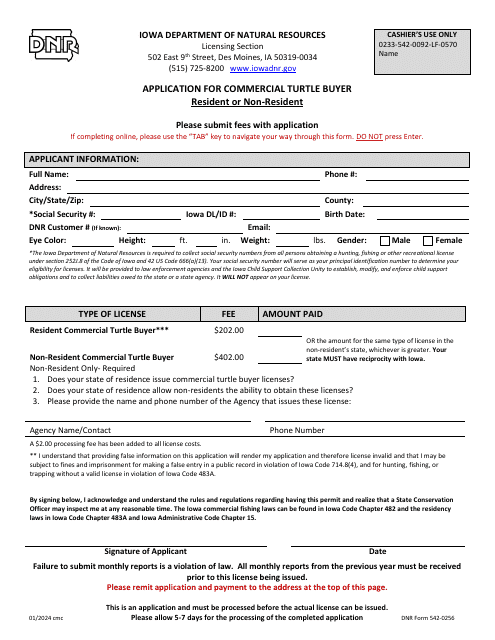 DNR Form 542-0256 Application for Commercial Turtle Buyer - Resident or Non-resident - Iowa