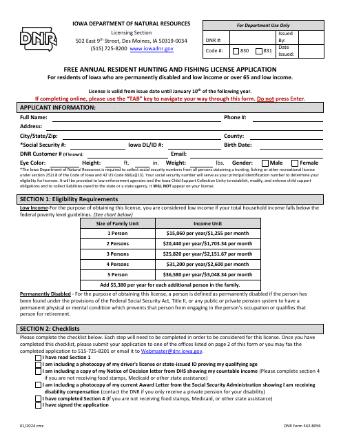 DNR Form 542-8056 Free Annual Resident Hunting and Fishing License Application for Residents of Iowa Who Are Permanently Disabled and Low Income or Over 65 and Low Income - Iowa