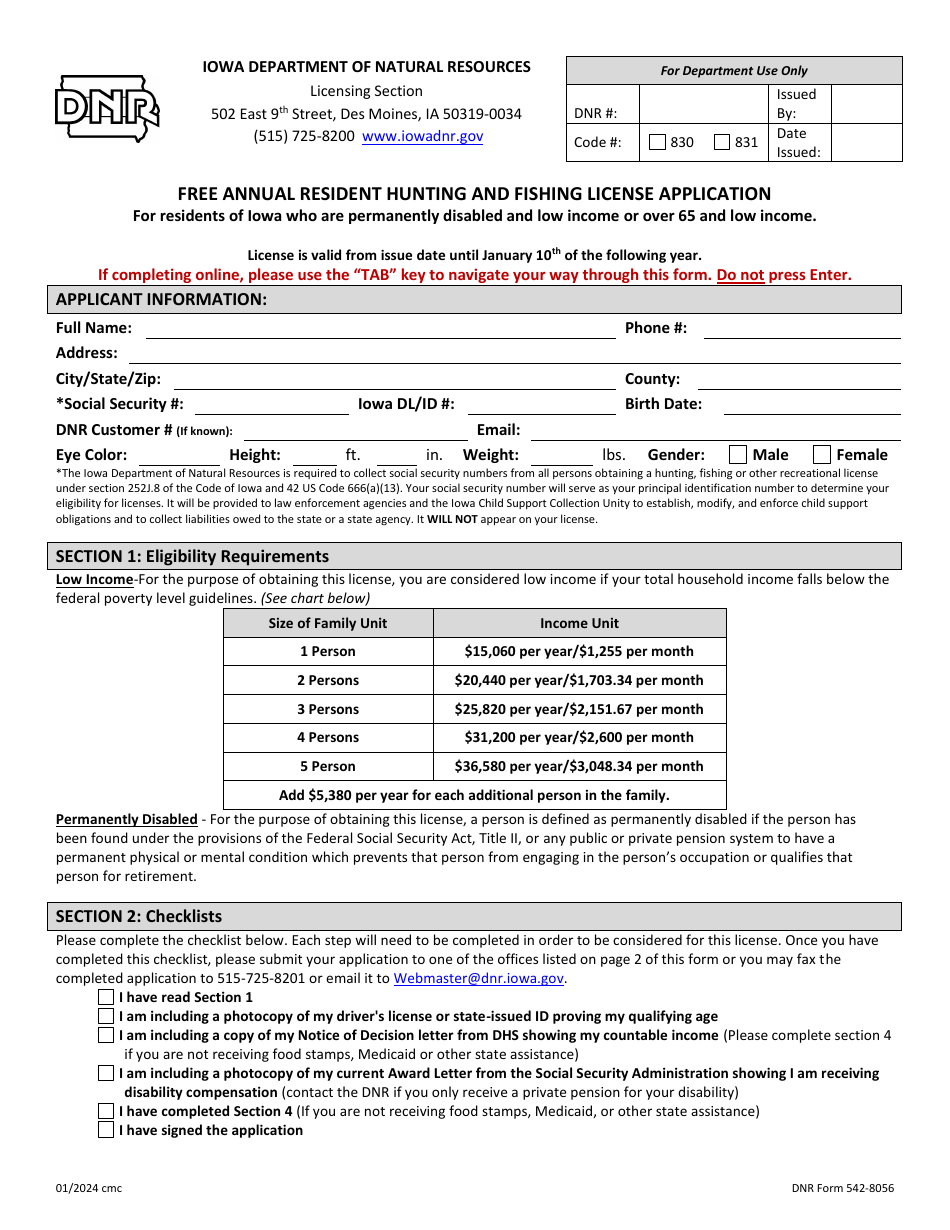 DNR Form 542-8056 Free Annual Resident Hunting and Fishing License Application for Residents of Iowa Who Are Permanently Disabled and Low Income or Over 65 and Low Income - Iowa, Page 1