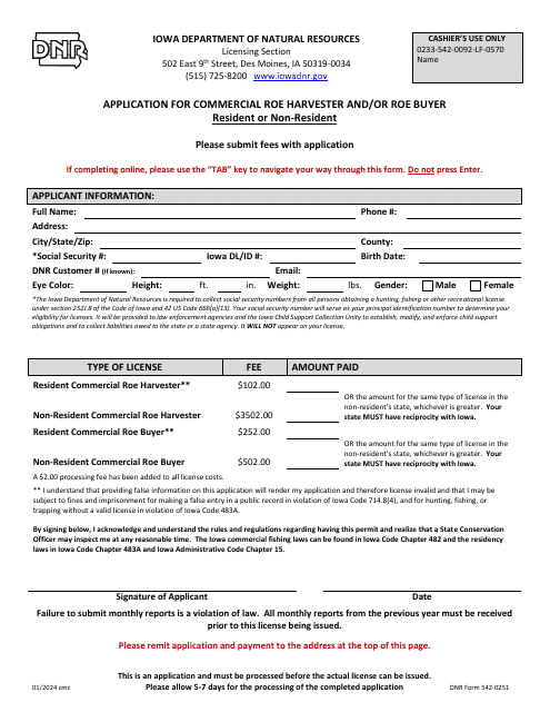 DNR Form 542-0251 Application for Commercial Roe Harvester and/or Roe Buyer - Resident or Non-resident - Iowa