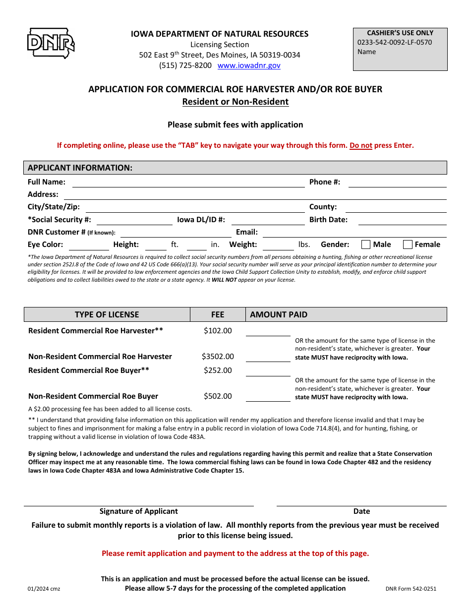 DNR Form 542-0251 Application for Commercial Roe Harvester and / or Roe Buyer - Resident or Non-resident - Iowa, Page 1