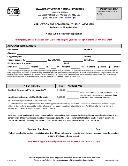 DNR Form 542-0253 Application for Commercial Turtle Harvester - Resident or Non-resident - Iowa